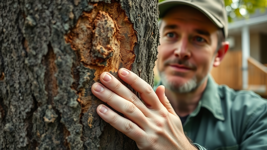 arborist inspecting Kansas City ash tree for emerald ash borer damage close up