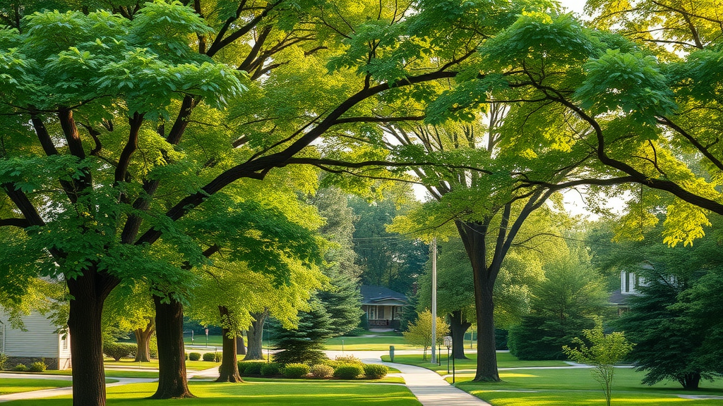 Lush healthy Kansas City suburban landscape with mature leafy trees and vibrant thriving environment, residential background