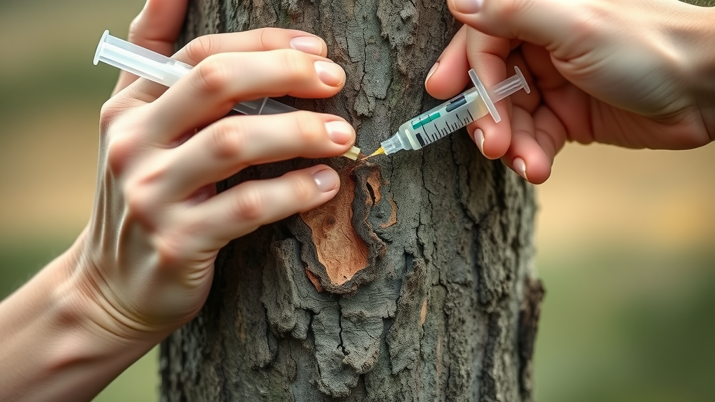 Precise trunk injection of insecticide into the base of ash tree, demonstrating effective preventing ash borer damage methods