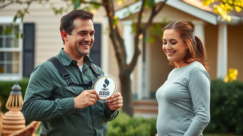 confident professional arborist showing BBB accreditation badge to homeowner, tree care Kansas City