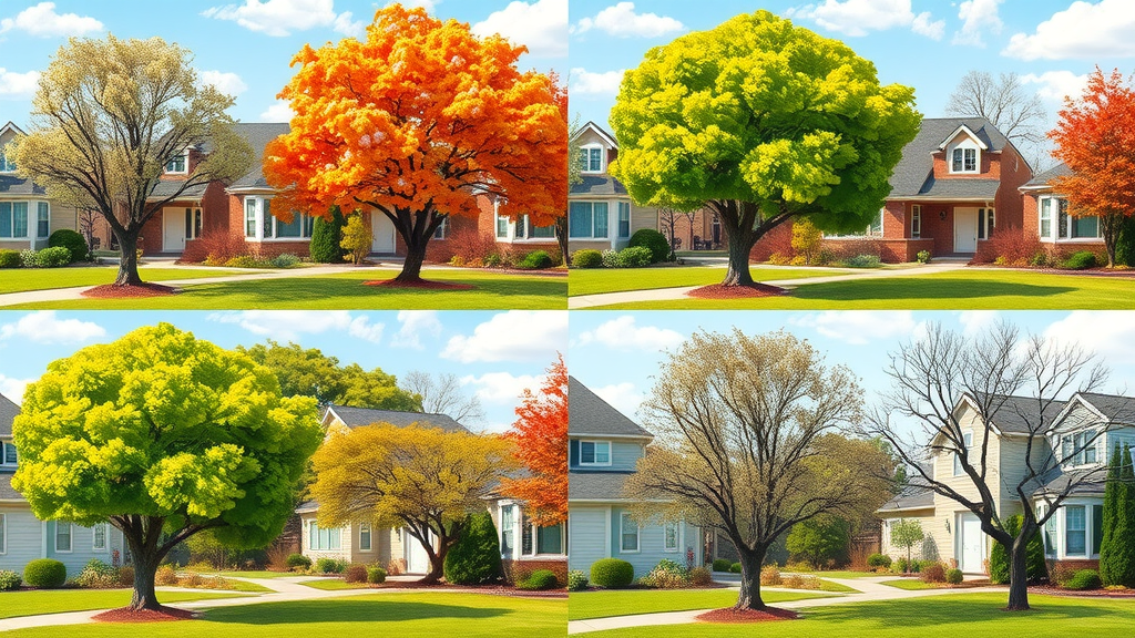 Colorful display of four seasonal Kansas City tree care scenes, well-maintained tree in each seasonal setting: spring blossoms, summer canopy, autumn color, winter bare branches, split background, cartoon style