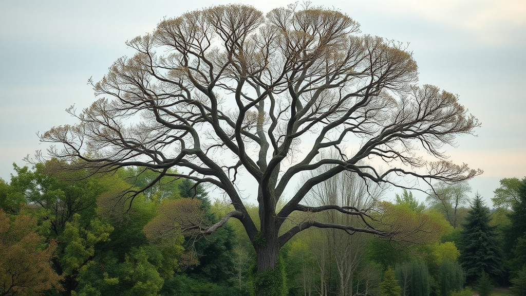 ash borer infestation symptoms: withering ash tree showing crown dieback and epicormic sprouting on trunk