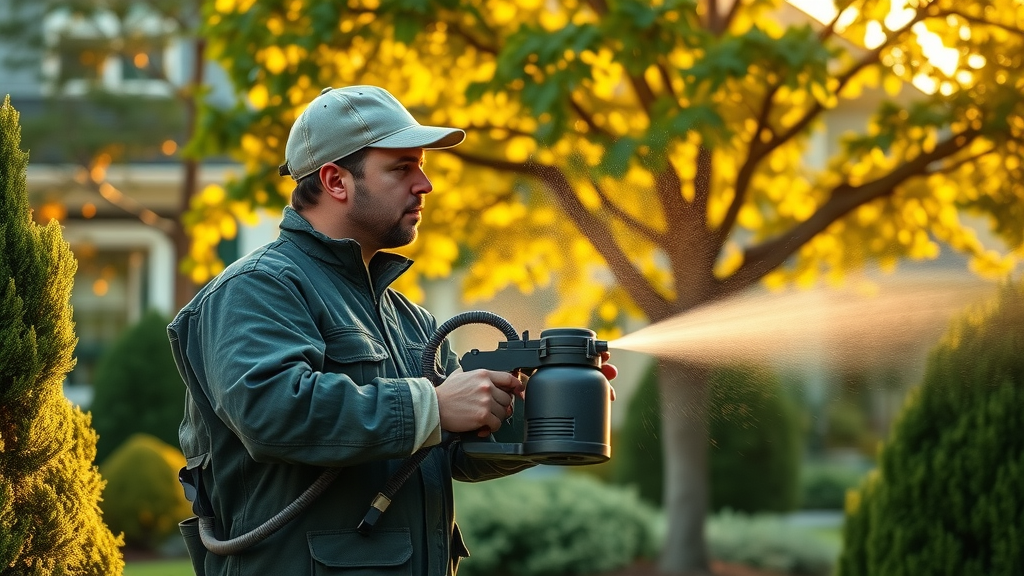 Certified arborist in Kansas City, skillfully spraying mature trees in a residential yard for pest protection.