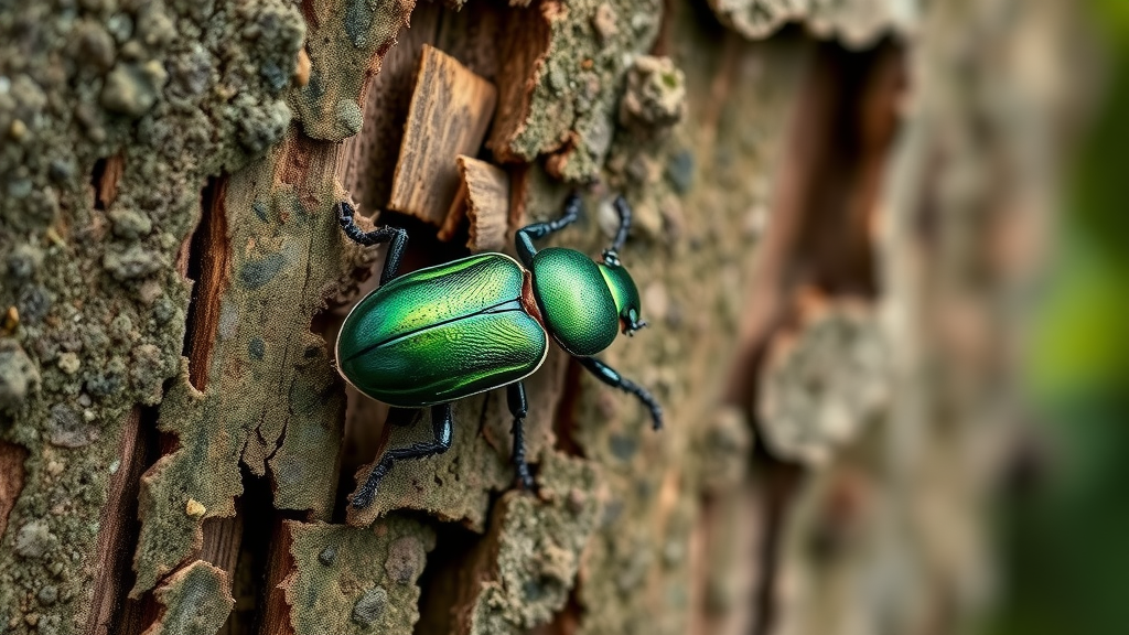 Close-up of an emerald ash borer beetle on ash tree bark, pest damage in North American forests, macro details, subtle bark decay, natural colors