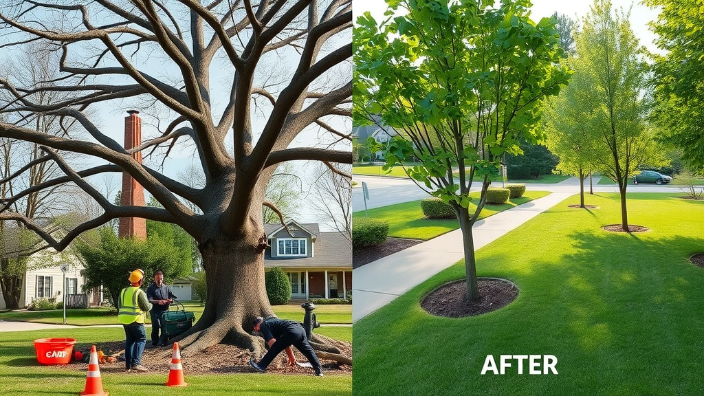 before and after hazardous tree removal by professional team in Kansas City residential lawn