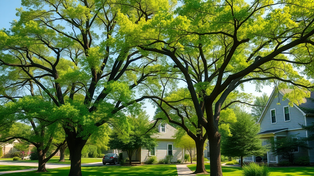 Verdant Kansas City neighborhood healthy mature trees pest control for trees Kansas City thriving foliage sunny well-kept lawns
