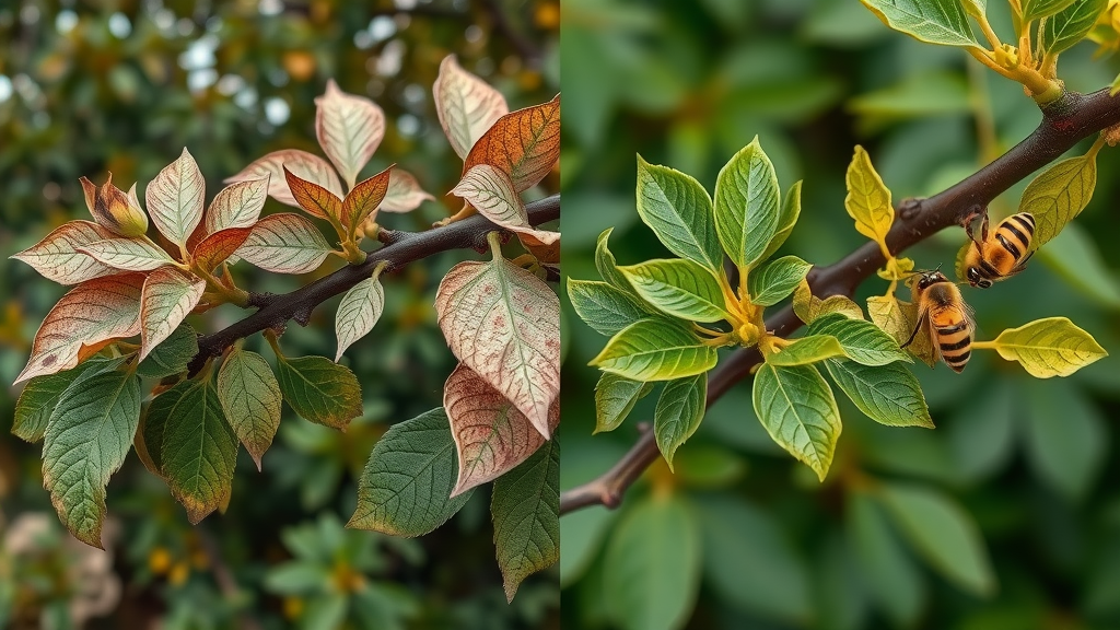Comparison: branch damaged by conventional tree spray vs. branch thriving with environmentally safe tree spraying, bees pollinating, vibrant leaves, dynamic natural scene