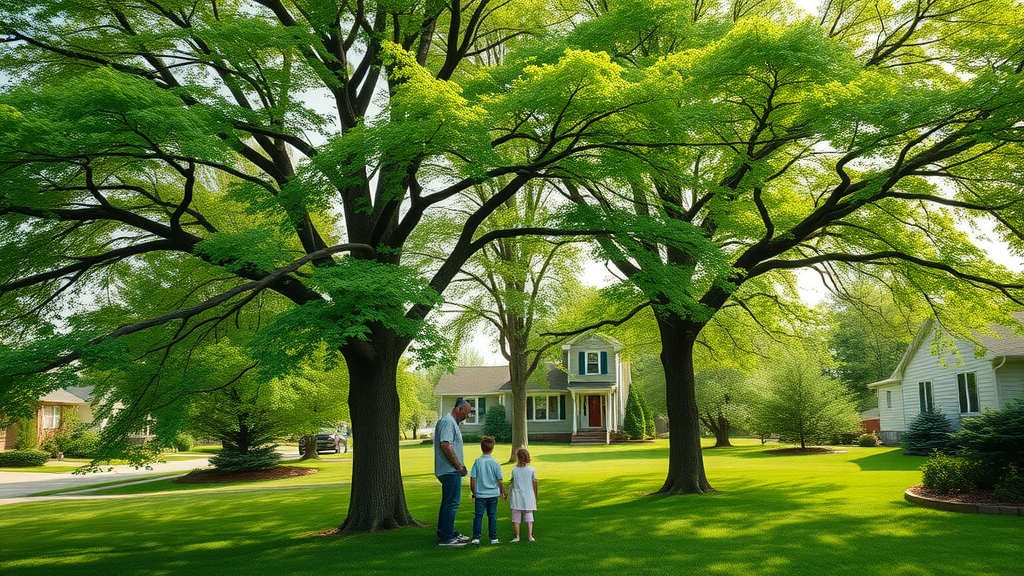 Lush mature ash trees thriving in a residential North American yard, healthy foliage, a family observing the trees, suburban neighborhood, vibrant green ash trees, natural daylight