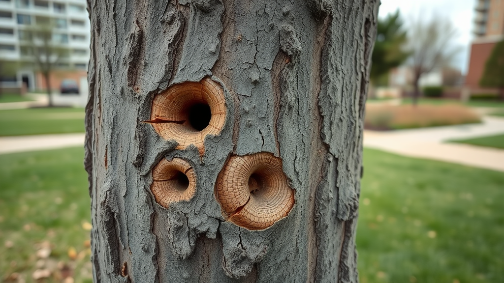 Kansas City ash tree showing D-shaped exit holes, bark splits, larval galleries from emerald ash borer