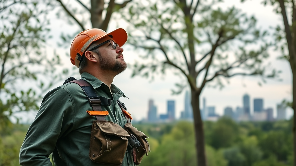 experienced Kansas City arborist observing tall tree canopy with skyline backdrop