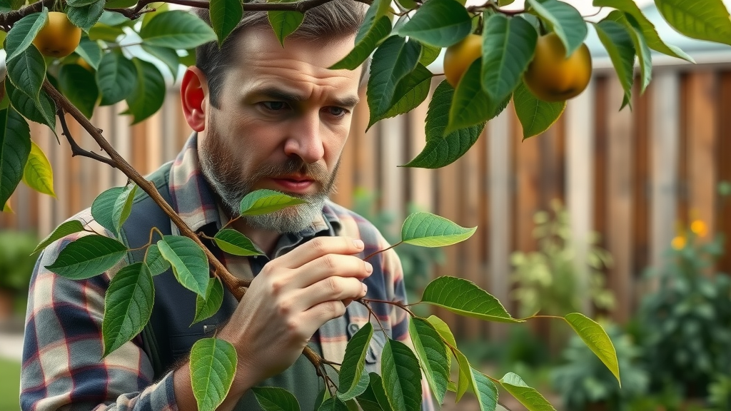 attentive gardener examining a fruit tree branch, thoughtful, inspecting leaves and bark, fruit tree spray, tree care, healthy trees