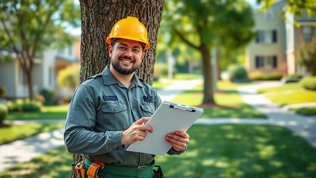 certified arborist Kansas City risk assessment evaluates tree health care wearing uniform and safety helmet