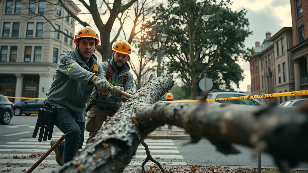 Arborists remove storm-damaged limb from Kansas City street; tree removal, emergency tree care