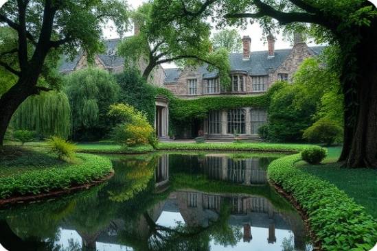 seasoned arborist landscape, reflective, planning a gardening project, photorealistic, overgrown estate with historic feel, highly detailed, gentle rain, extremely high resolution, soft grays and lush greens, diffused evening light, shot with a 24mm ultra-wide lens.